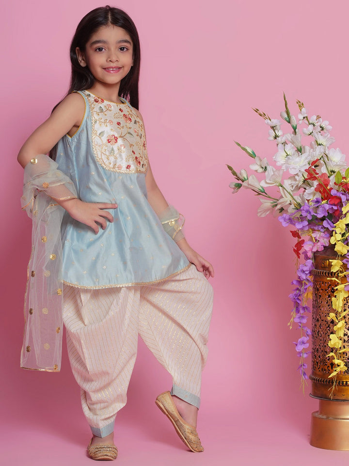 Chanderi Silk Floral Kurta with Dhoti Salwar & Dupatta - Dolphin Blue | SHOBITAM