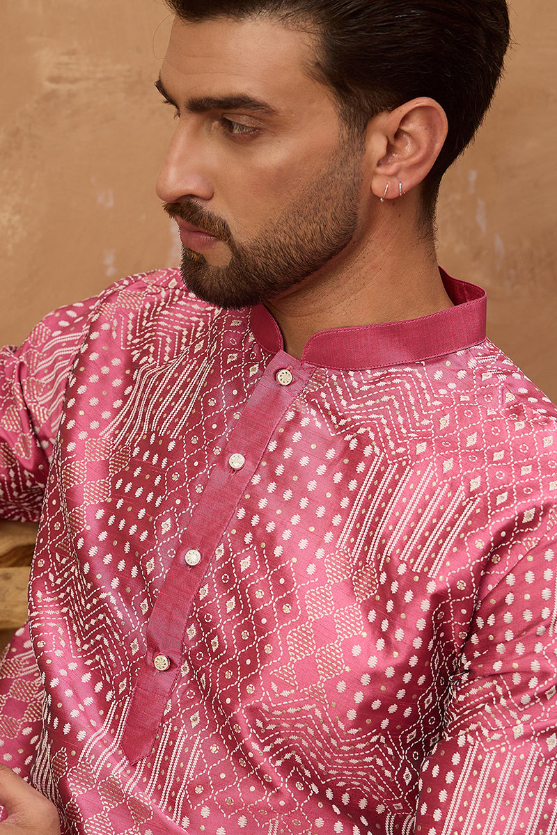 Pink Silk Blend Geometric Printed Straight Kurta  | SHOBITAM