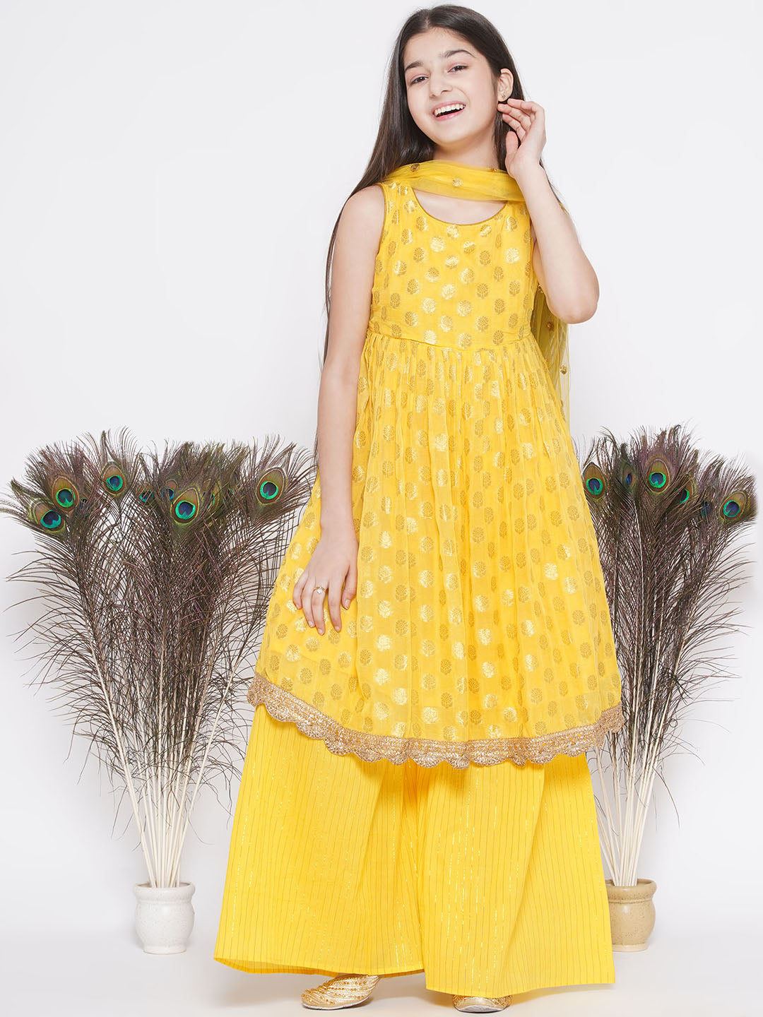 Banarsi Floral Frock Style Kurta with Gold Strip Sharara & Dupatta -Haldi Yellow | SHOBITAM
