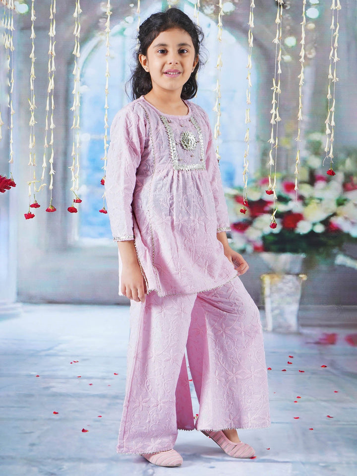 Diyara Floral Emboridery Kurta Plazzo Set - Pink | SHOBITAM