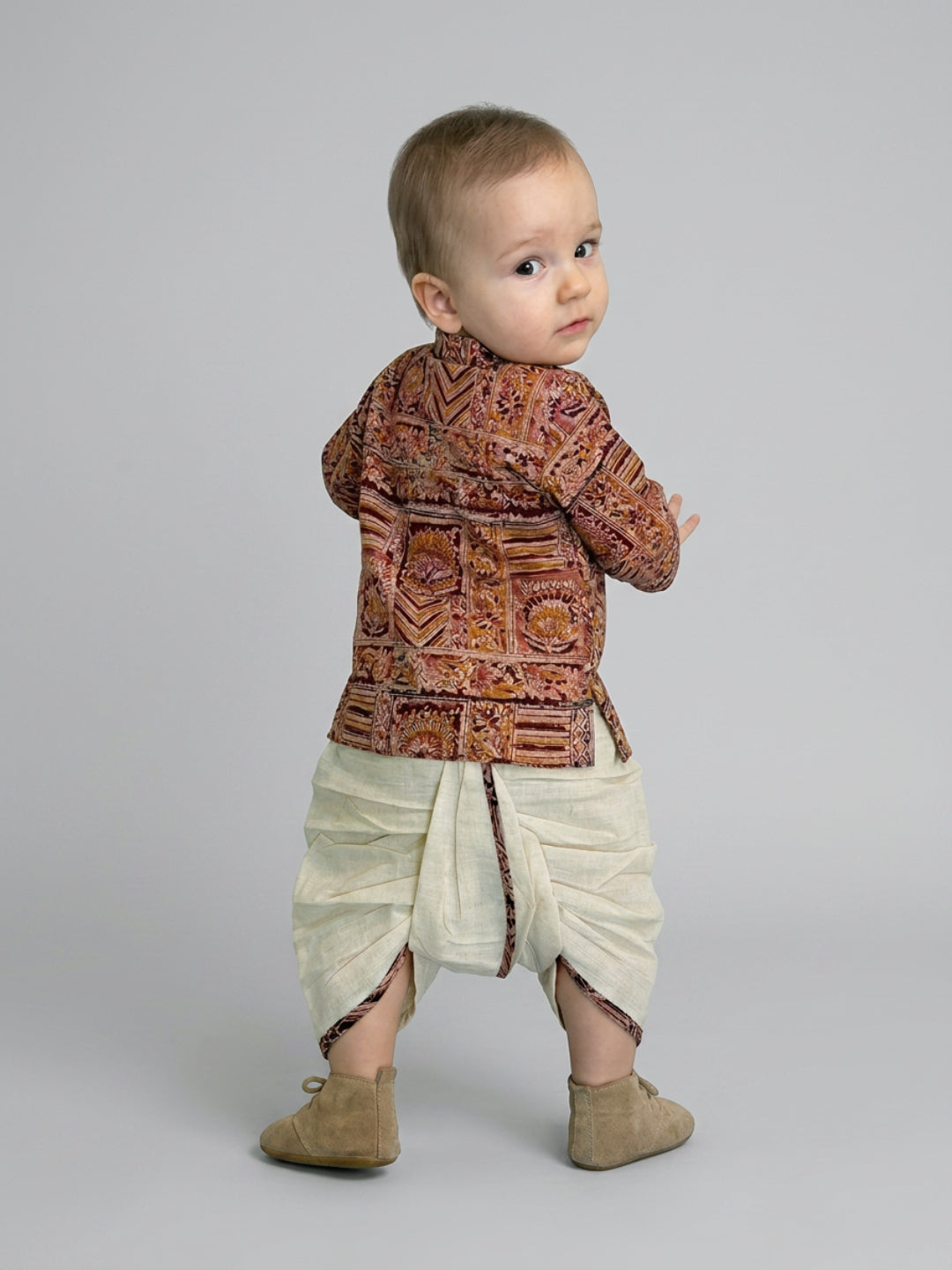 Boys Rust Brown Ethnic Printed Cotton Angrakha Style Dhoti Set | SHOBITAM