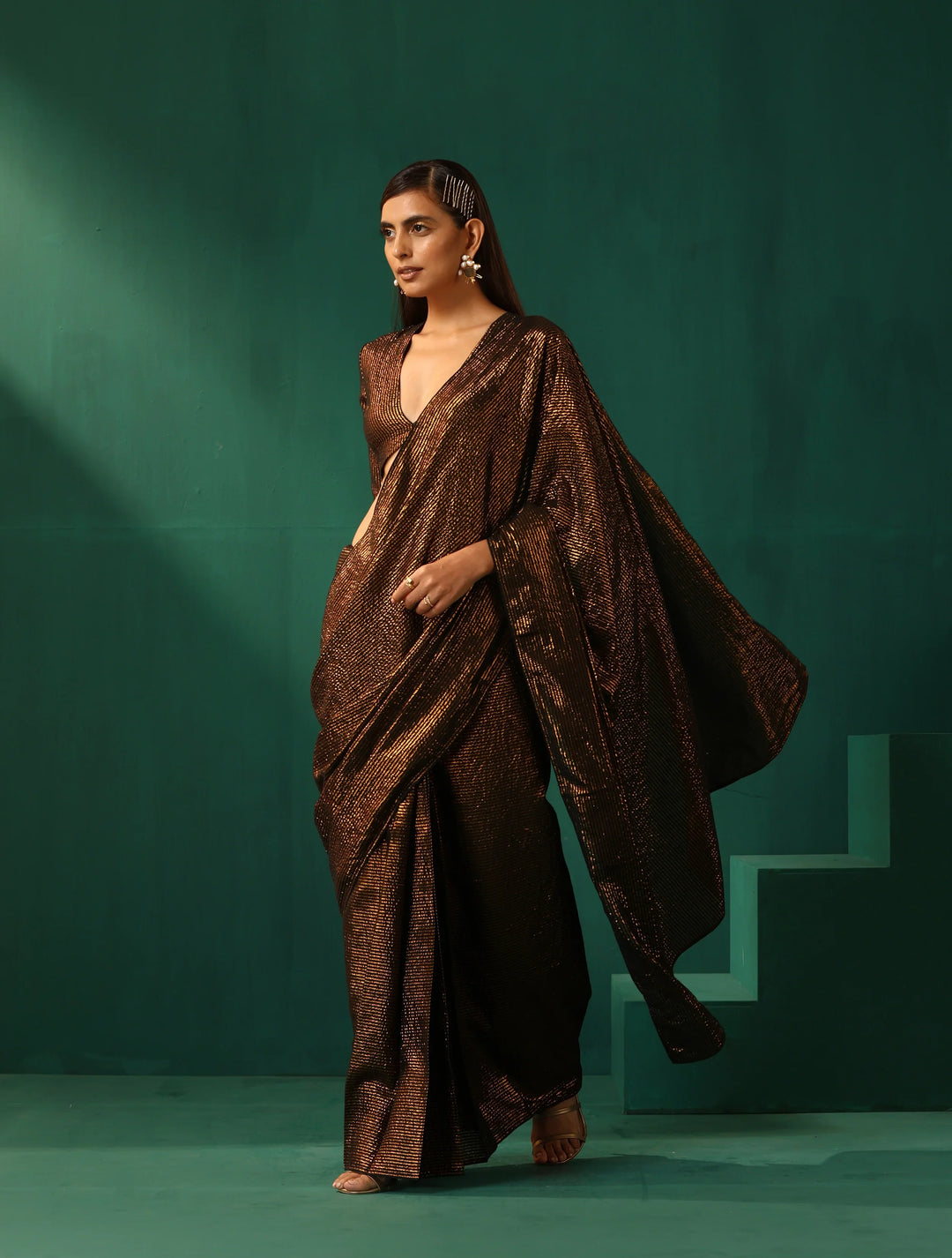 Black Cotton Gold Striped Saree With Unstitched Blouse | SHOBITAM