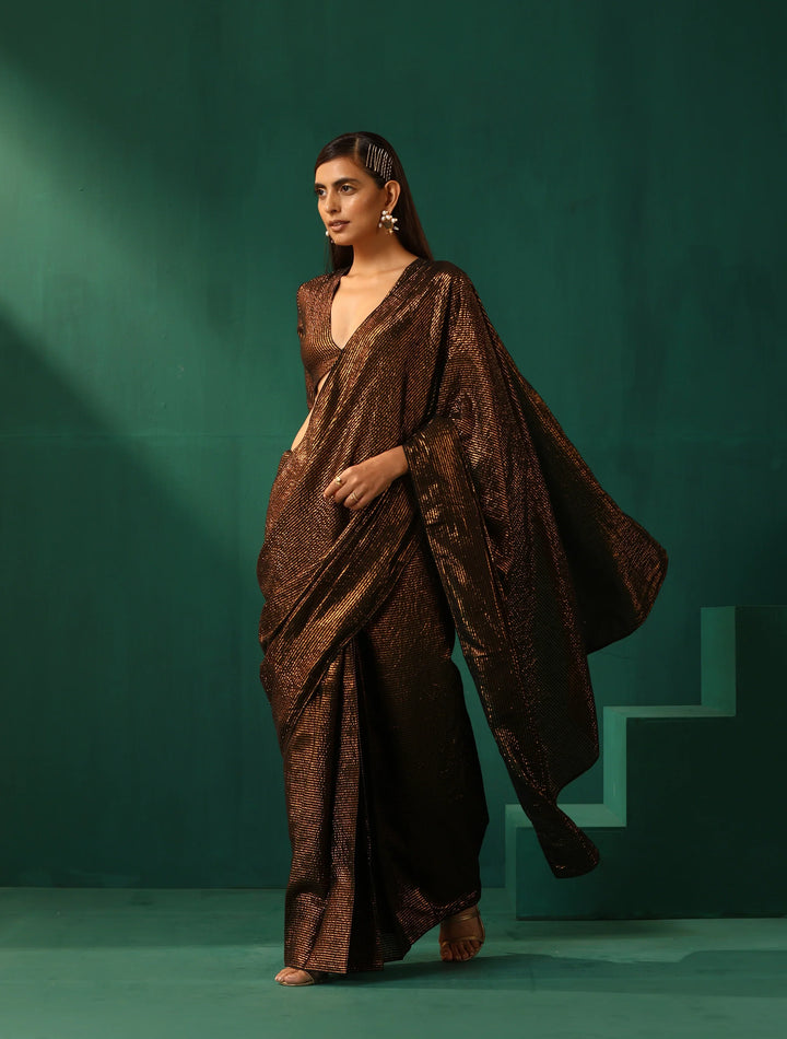 Black Cotton Gold Striped Saree With Unstitched Blouse | SHOBITAM