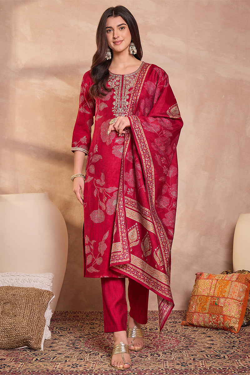 Pink Silk Blend Floral Printed Straight Kurta Trouser With Dupatta | SHOBITAM