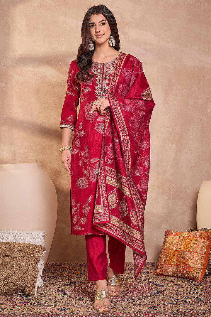 Pink Silk Blend Floral Printed Straight Kurta Trouser With Dupatta | SHOBITAM
