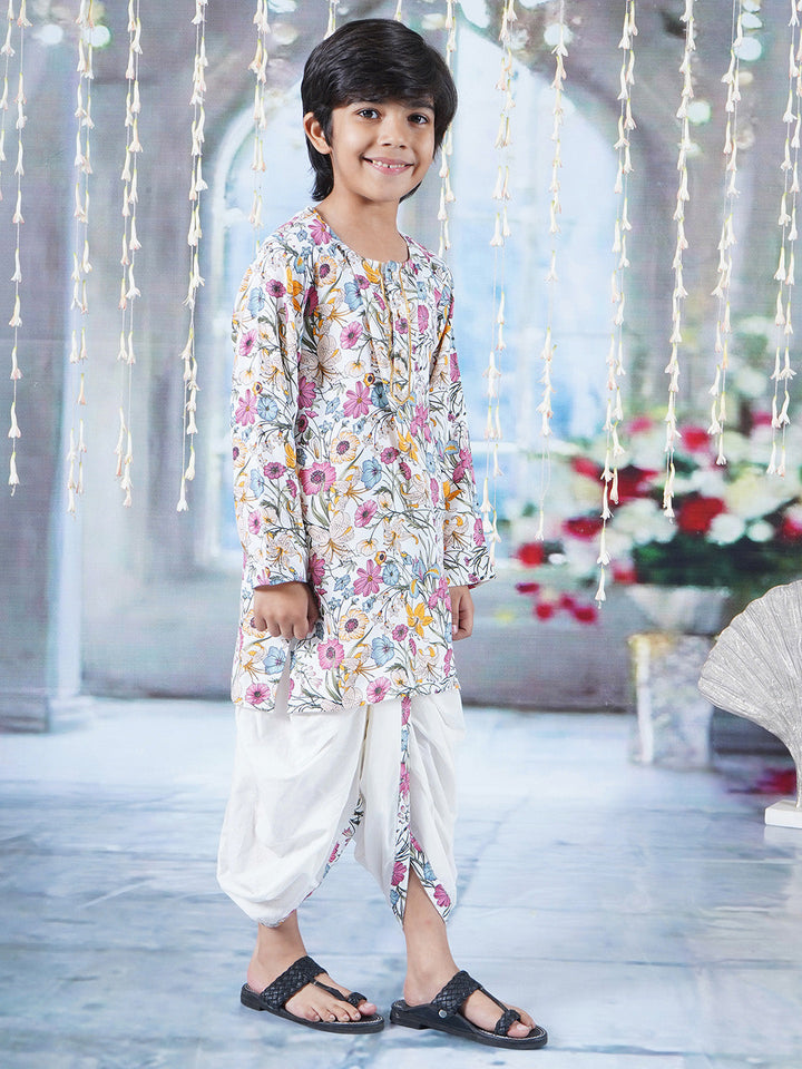 Boys Cotton Full Sleeves Kurta Dhoti with Garden Guldaudi Floral Print and Pearl Buttons - Off White | SHOBITAM