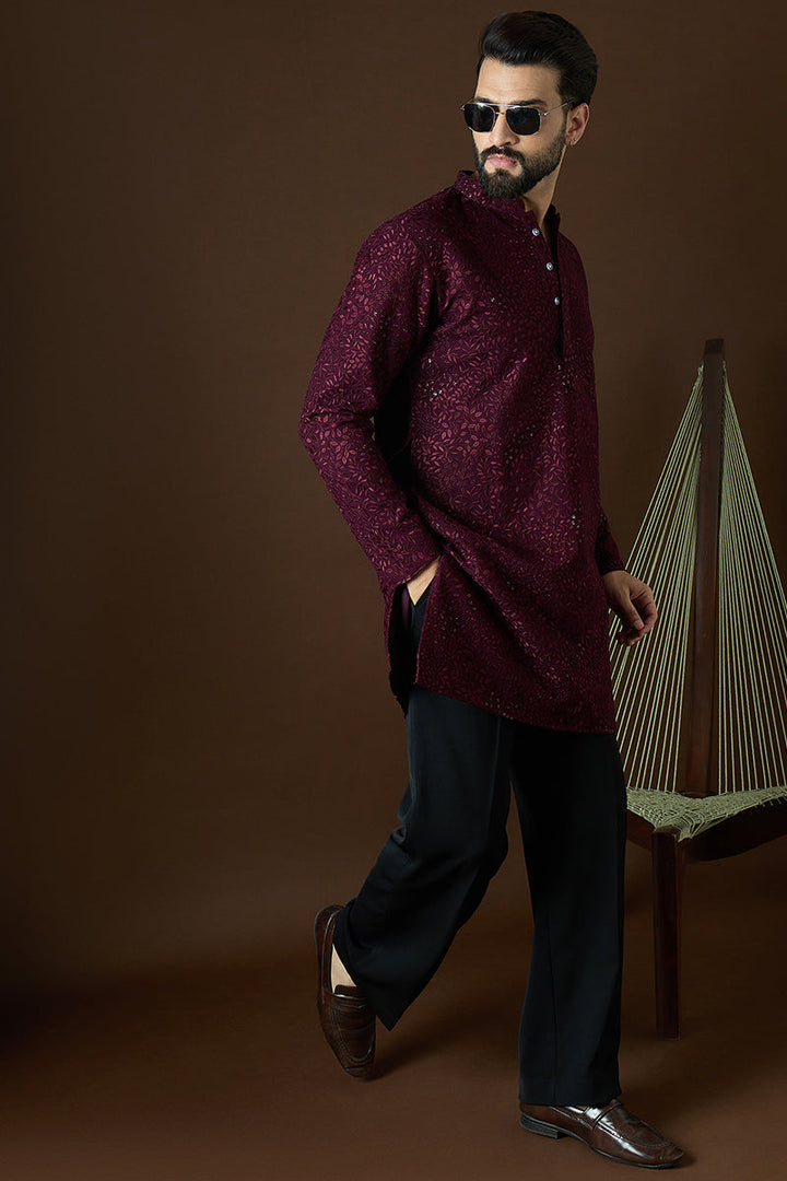 Wine Georgette Solid Embroidered Straight Kurta Sets | SHOBITAM