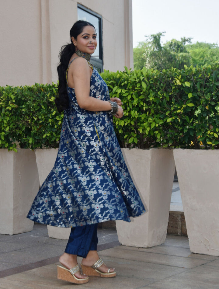 Blue Brocade Straight High-Slit Kurta Co-ord Set | SHOBITAM