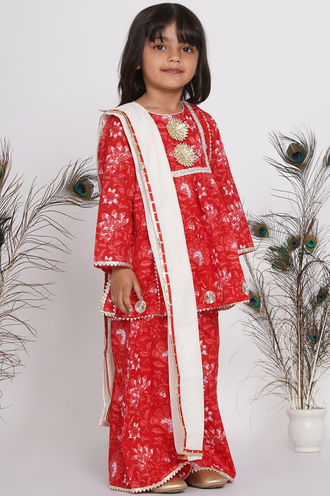 Girls Hand Gotawork Floral Kurta with Red Plazzo & White Dupatta  | SHOBITAM