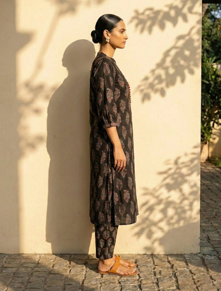 Black Boota Print Angrakha Kurta Pant Dupatta Set | SHOBITAM