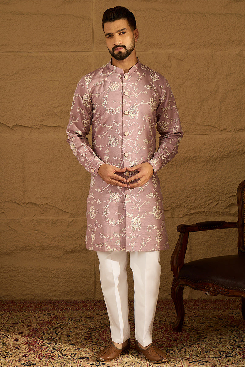 Lavender Viscose Rayon Solid Embroidered Straight Kurta with Trouser | SHOBITAM