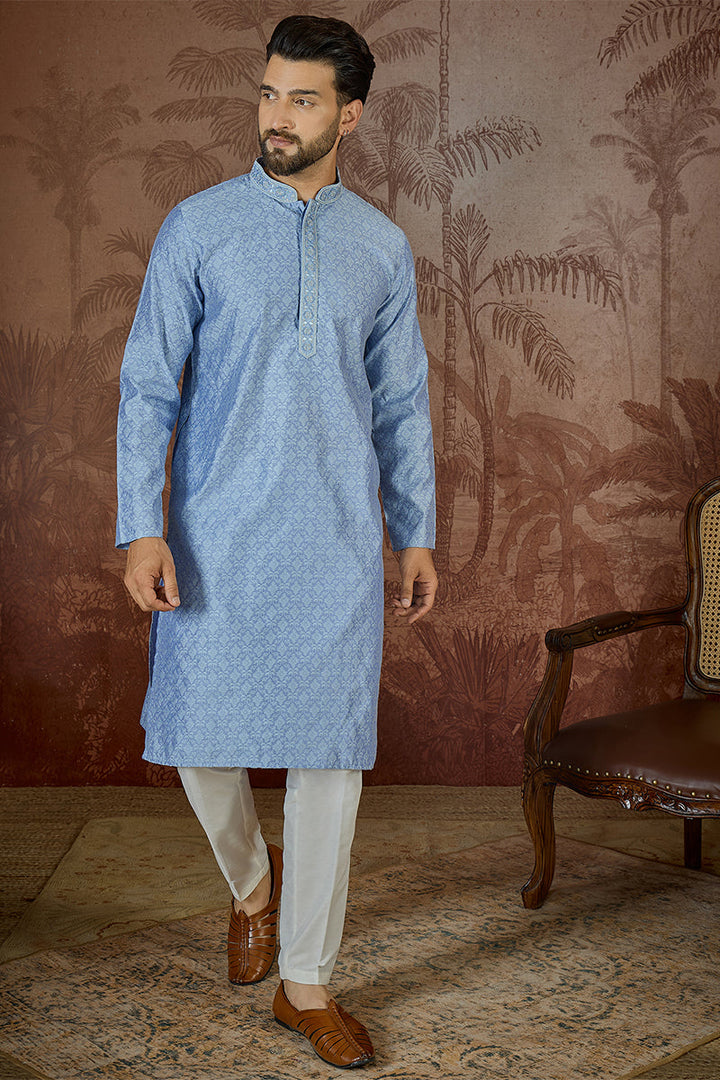 Mens Blue Jacquard Solid Embroidered Kurta  | SHOBITAM