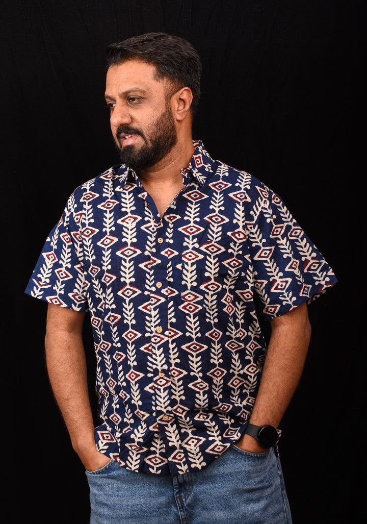 Blue White Red Handblock Printed Cotton Mens Shirt
