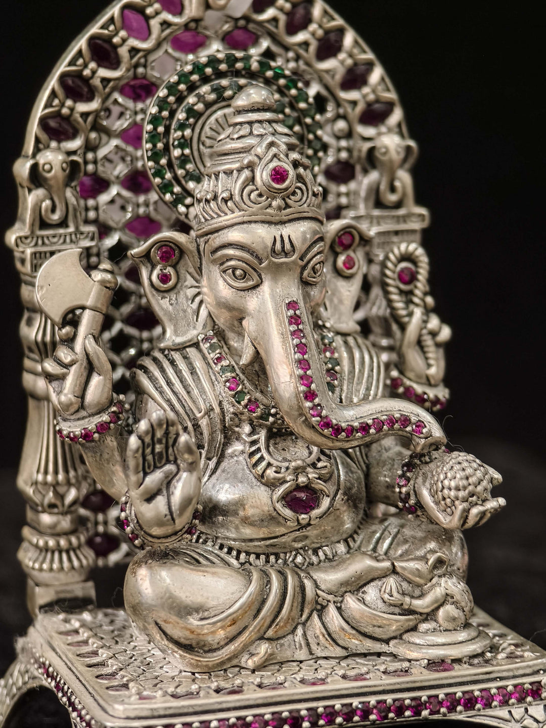 Pure 92.5 Silver Lord Ganesha 3D Idol with Throne and Kemp Stone Detailing