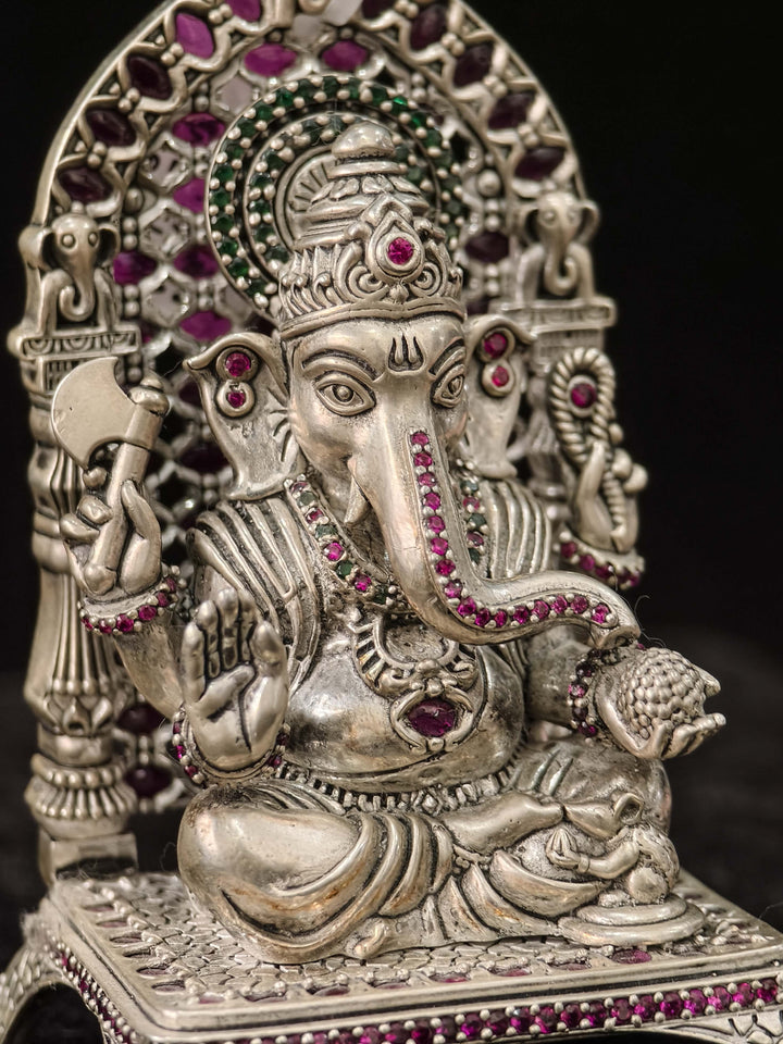 Pure 92.5 Silver Lord Ganesha 3D Idol with Throne and Kemp Stone Detailing