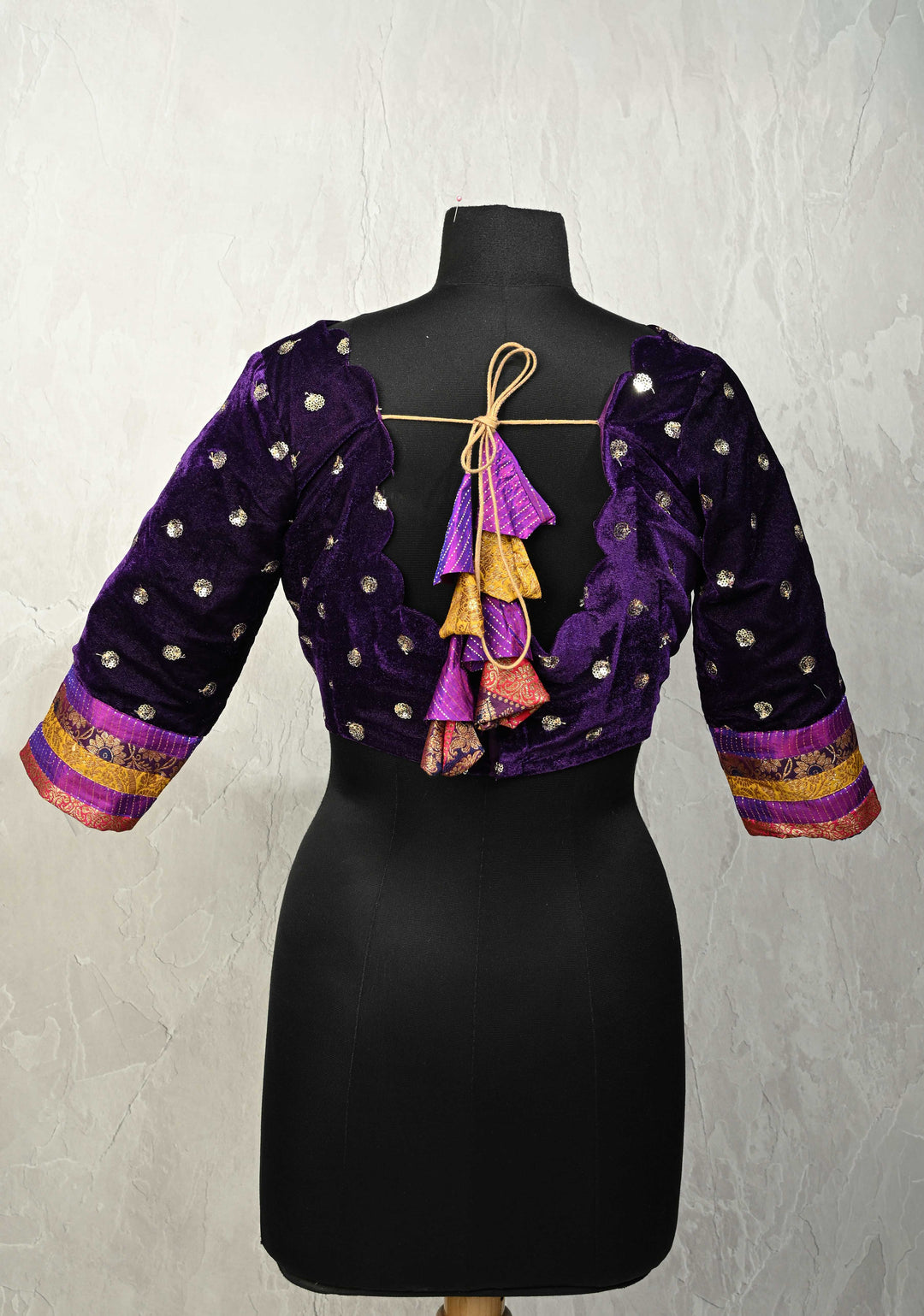 SIZE 40" Deep Purple Velvet 3/4 Sleeve Blouse with Sequins Buttas and Scallop Neckline