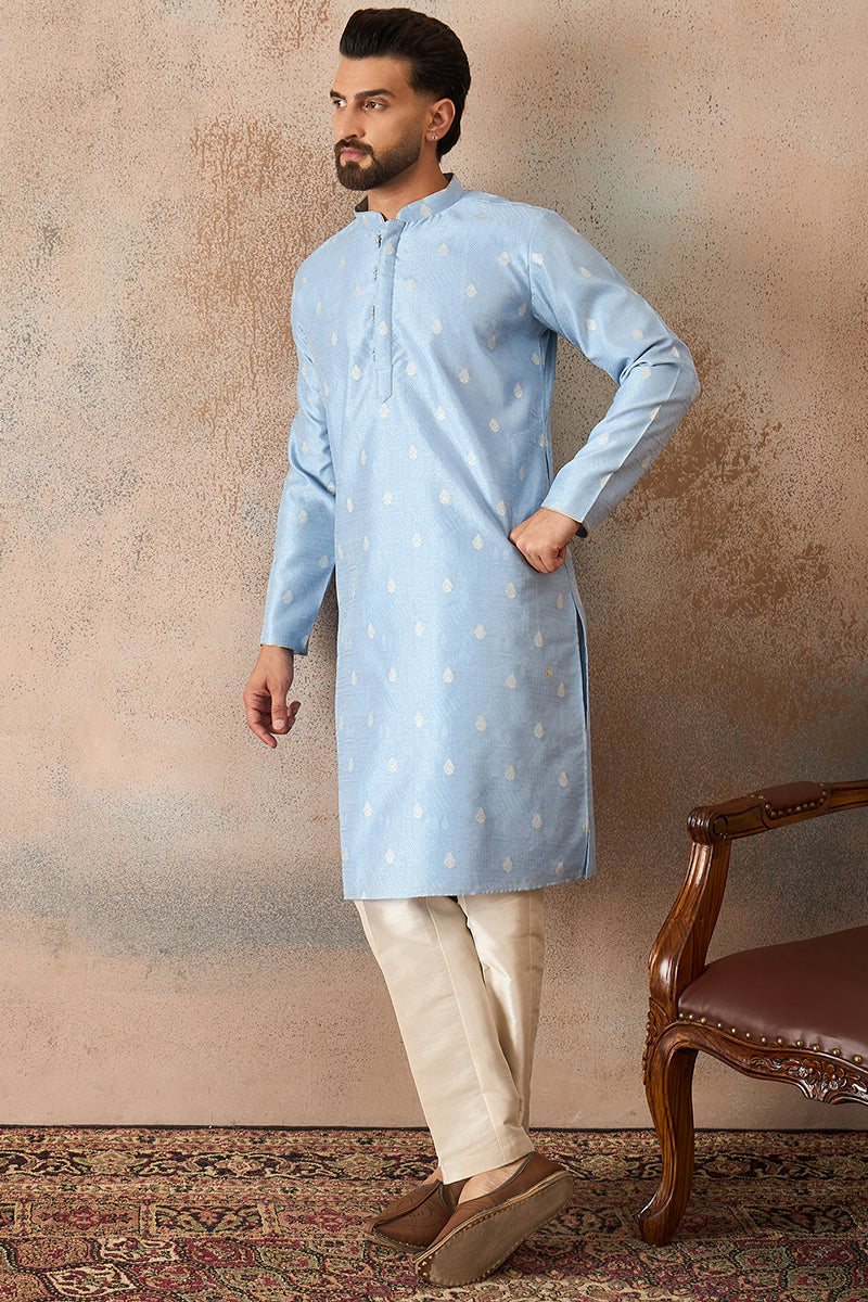 Mens Blue Silk Blend Floral Straight Kurta With Trouser | SHOBITAM