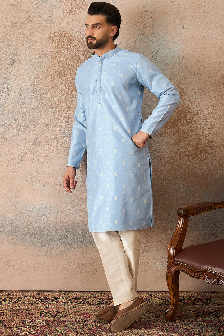Mens Blue Silk Blend Floral Straight Kurta With Trouser | SHOBITAM