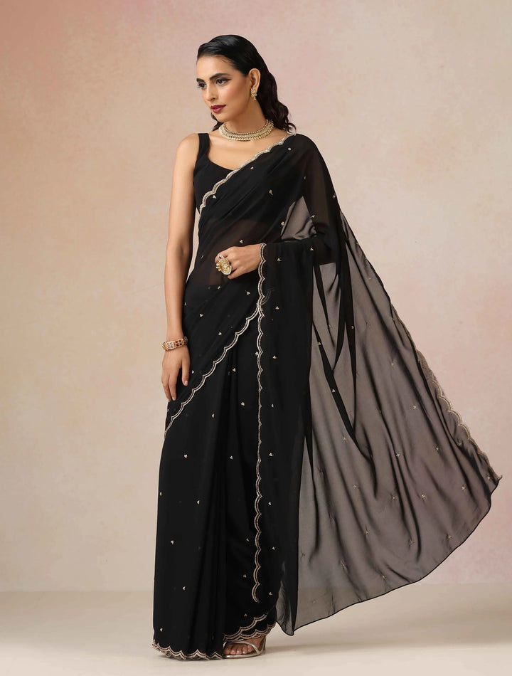Black Georgette Embroidered Saree With unstitched Blouse | SHOBITAM