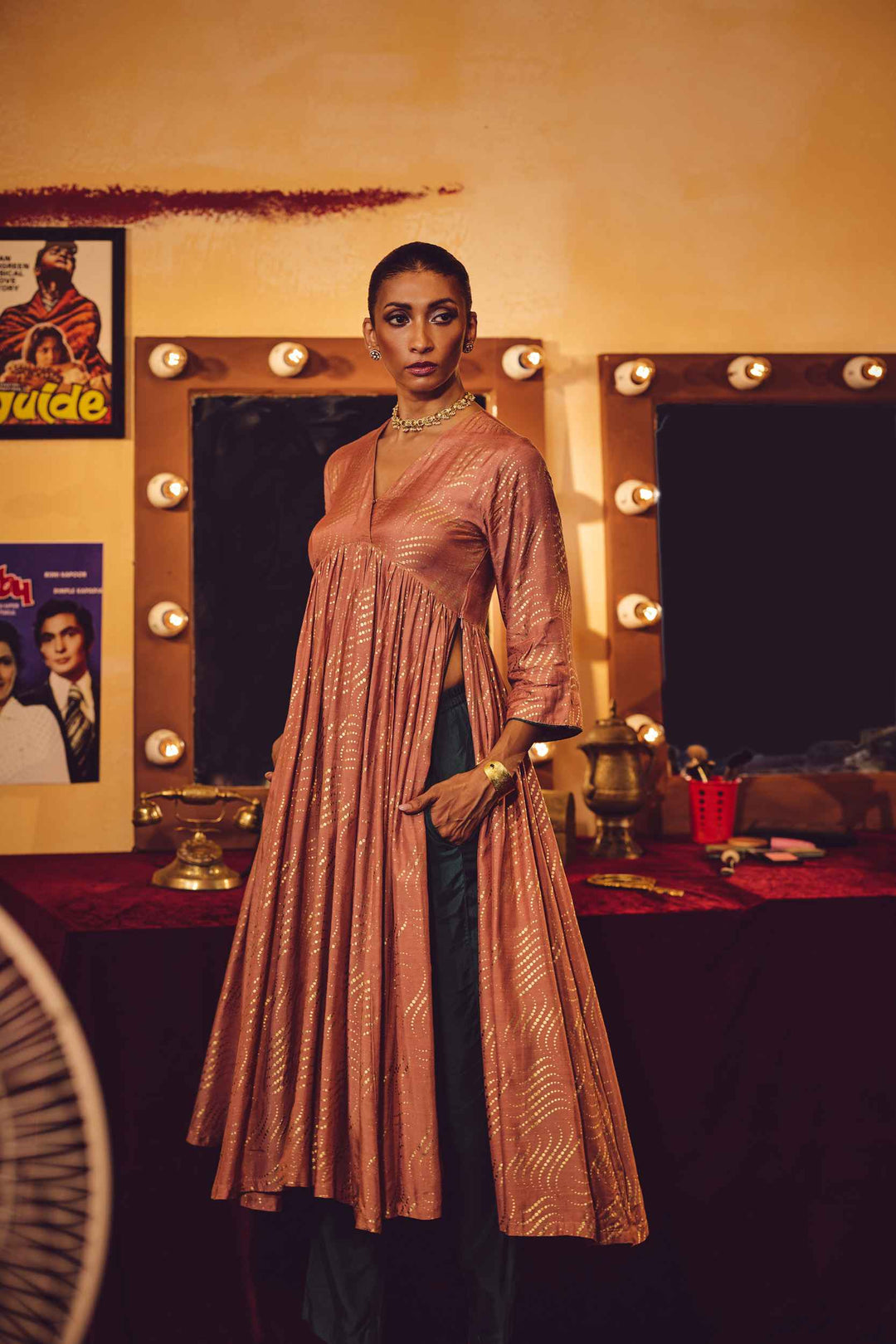 Peach Gold Foil Print Muslin Silk Anarkali High-Slit Kurta Set | SHOBITAM