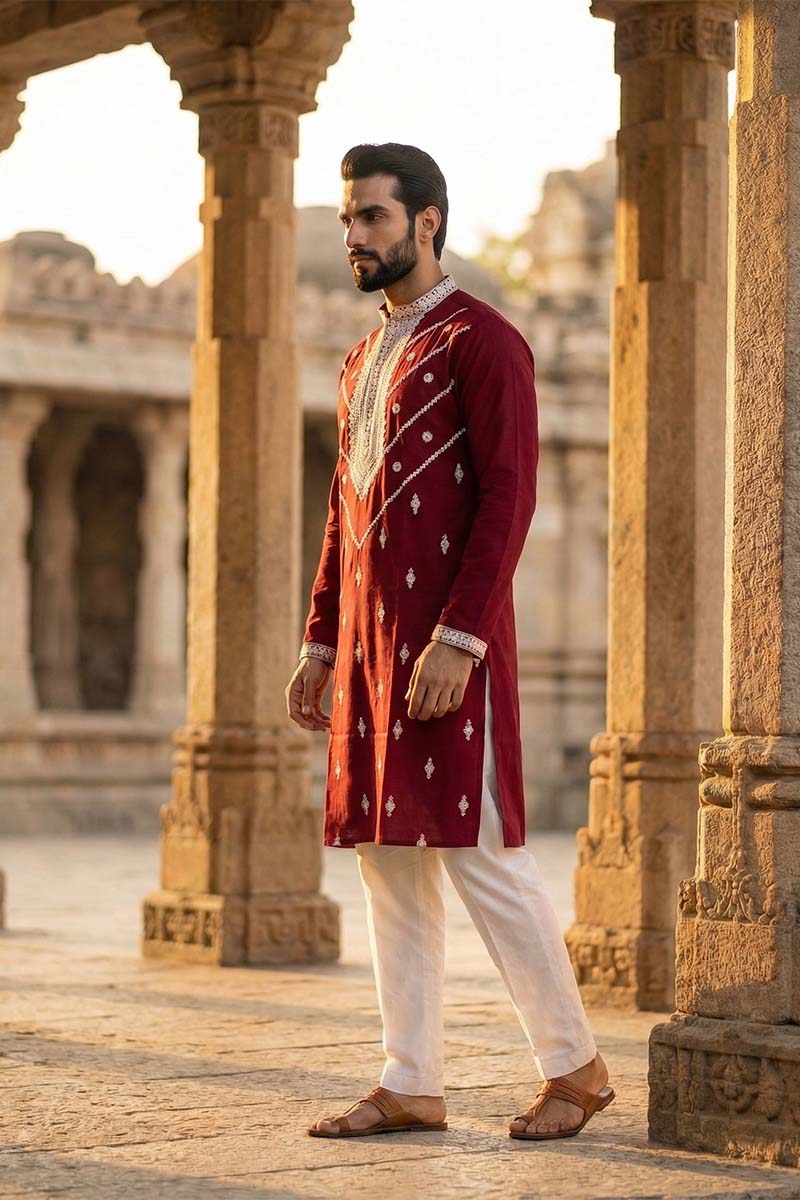 Maroon Silk Blend Embroidered Straight Kurta | SHOBITAM