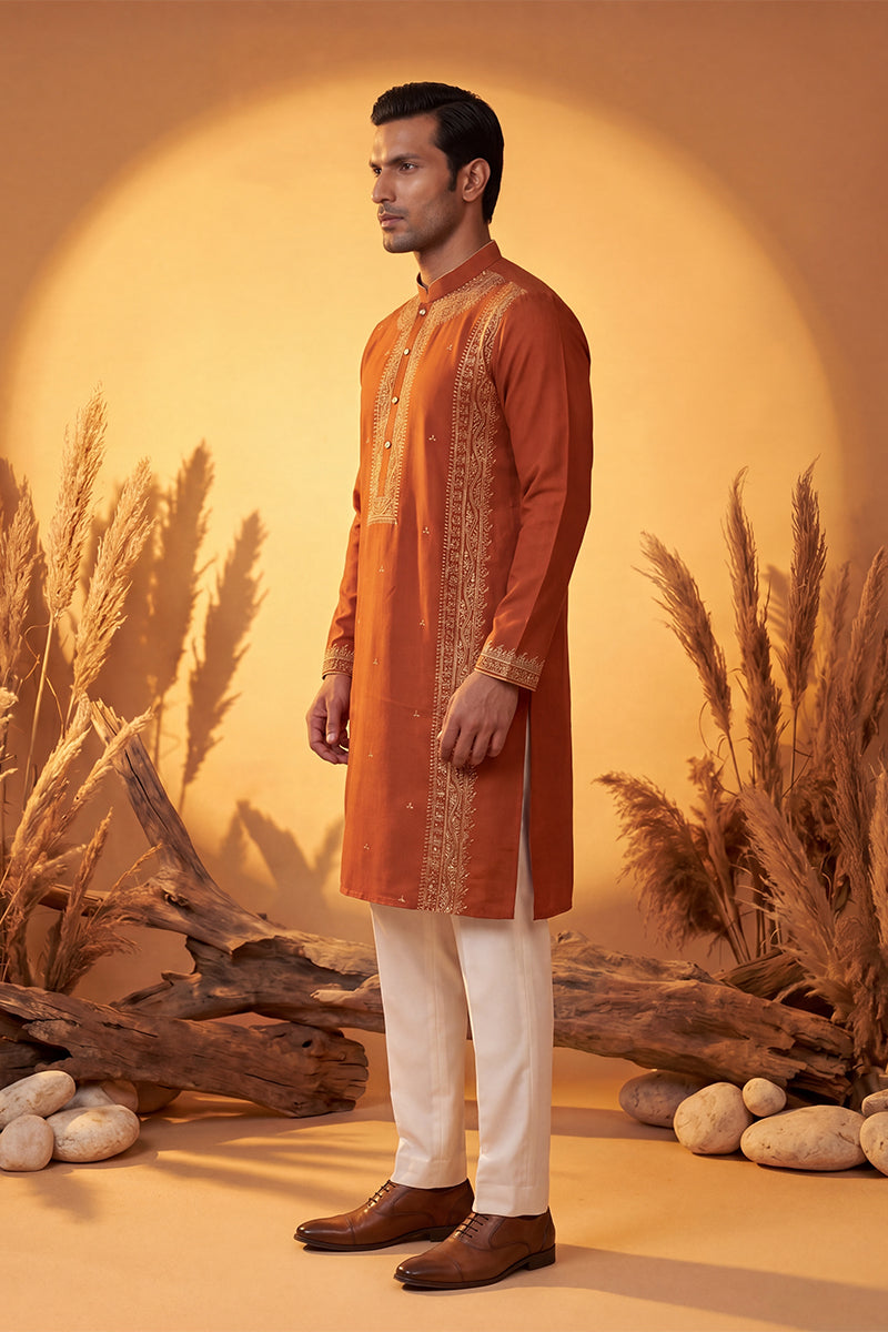 Mens Orange Silk Blend Solid Emboidered Straight Kurta With Trouser | SHOBITAM