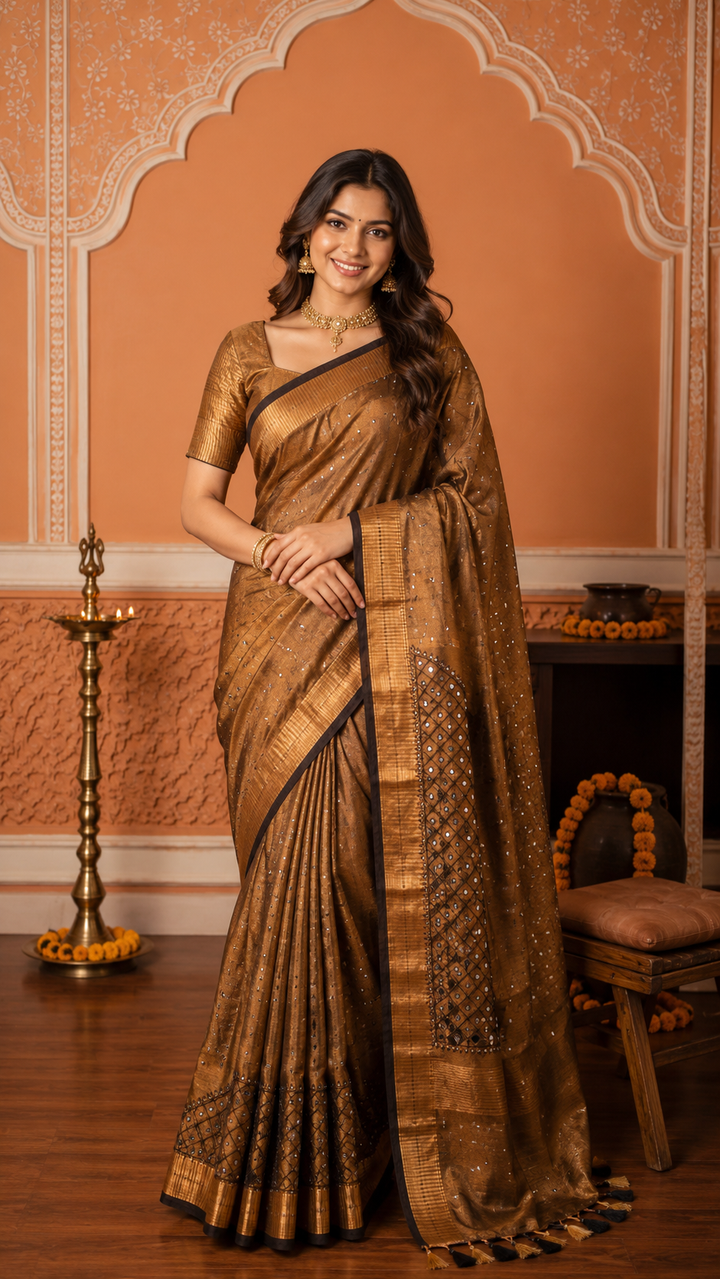 Copper and Black Cutwork and Mirror Work Tissue Linen Saree with dramatic tassels | SHOBITAM