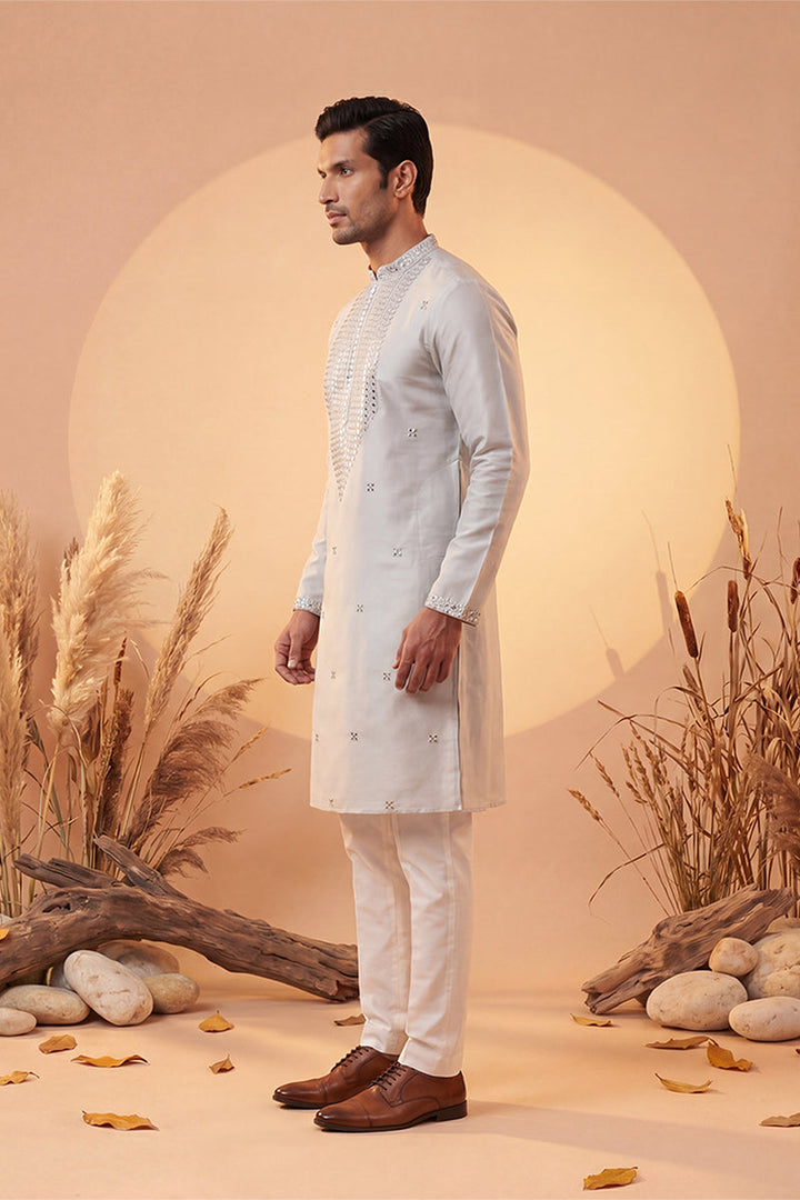 Mens Grey Silk Blend Solid Emboidered Sequins Kurta With Trouser | SHOBITAM