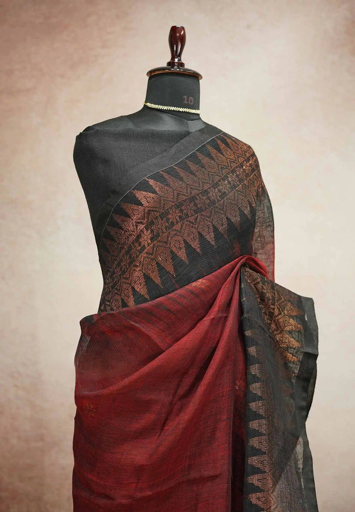 Linen Cotton marron Black saree with Standout borders | SHOBITAM