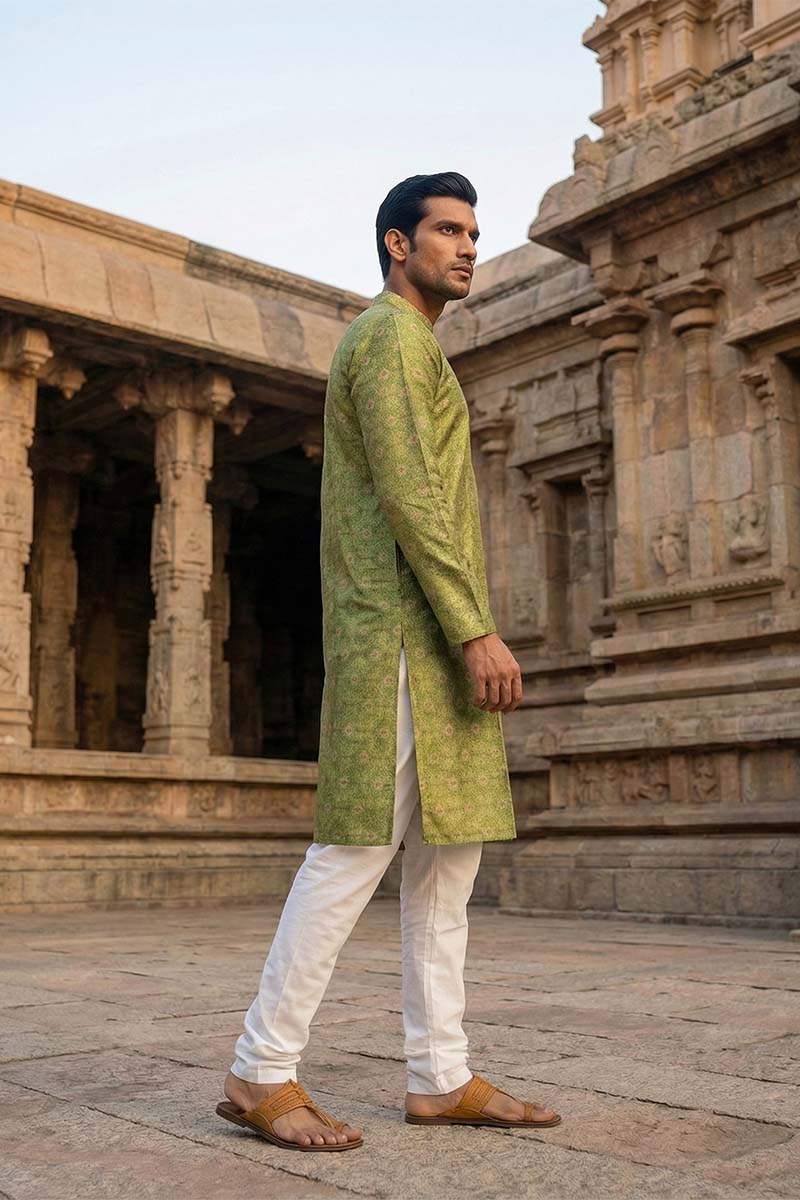 Green Silk Blend Printed Straight Kurta | SHOBITAM
