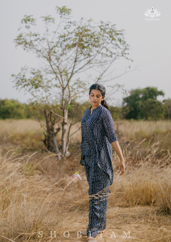 Co-ord set in Navy Blue with Bandhni Print on Rayon Cotton | Made To Order