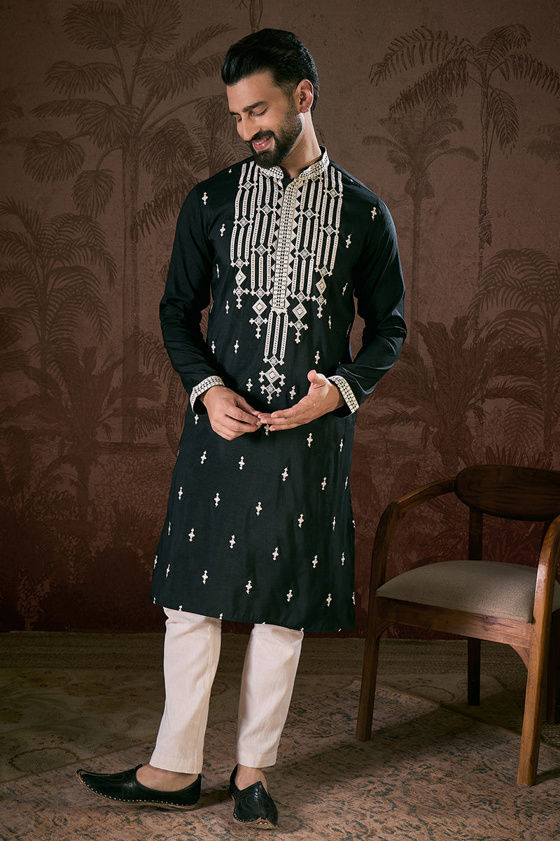 Black Silk Blend Solid Embroidered Straight Kurta With Trouser | SHOBITAM