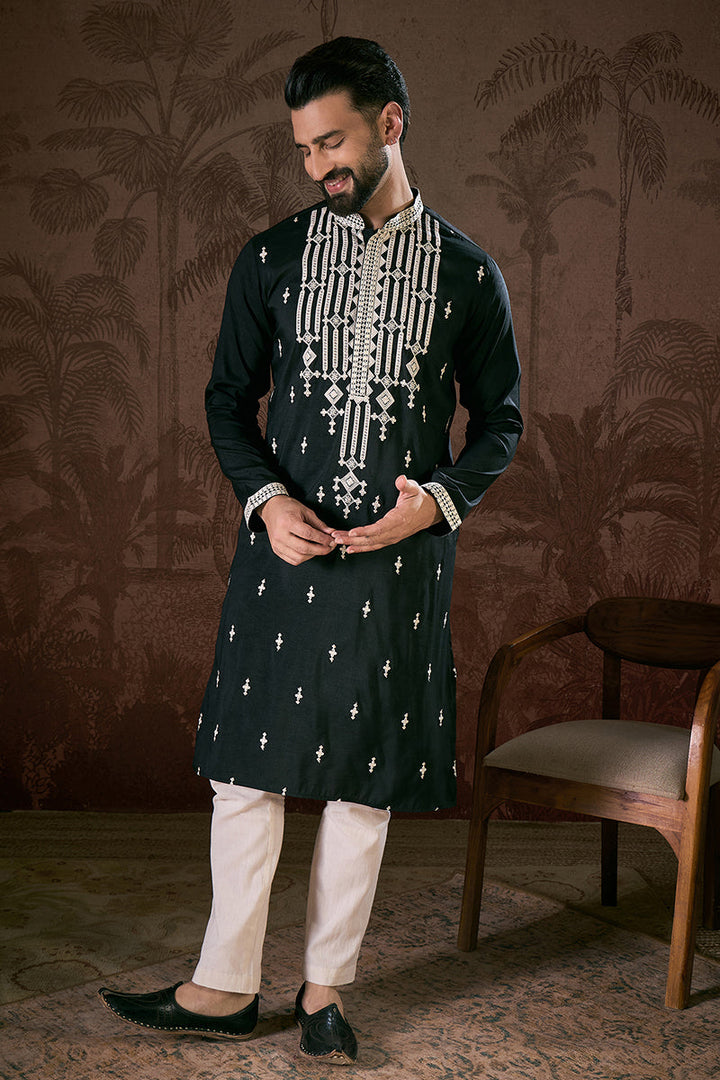 Black Silk Blend Solid Embroidered Straight Kurta With Trouser | SHOBITAM