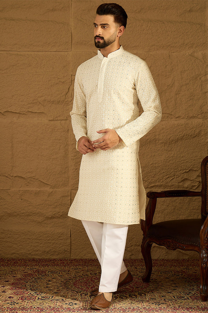 Off White Cotton Solid Printed Straight Kurta | SHOBITAM