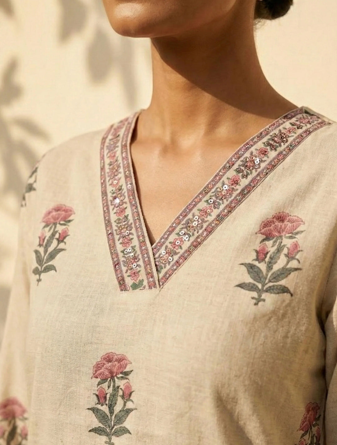 Ivory Floral Boota Print V-Neck Kurta Pant Set  | SHOBITAM