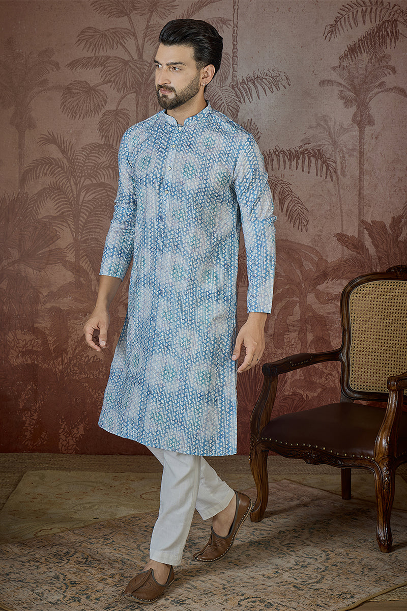 Mens Blue Linen Ethnic Motifs Printed Regular Kurta With Trouser | SHOBITAM