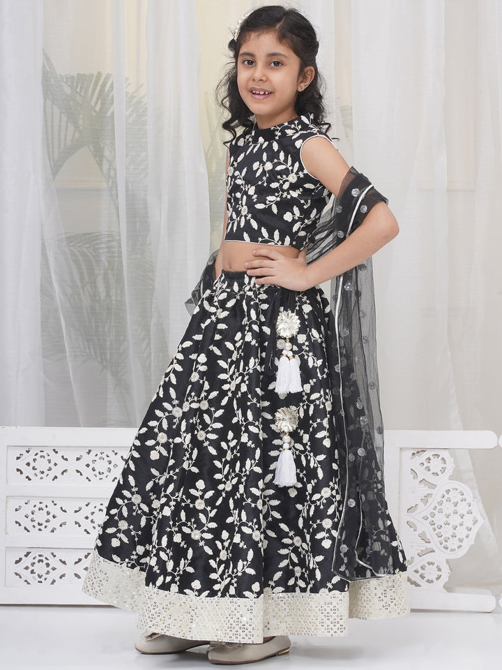 Girls Silk Brocade Floral Thread Work Lehenga with Blouse & Dupatta - Black | SHOBITAM