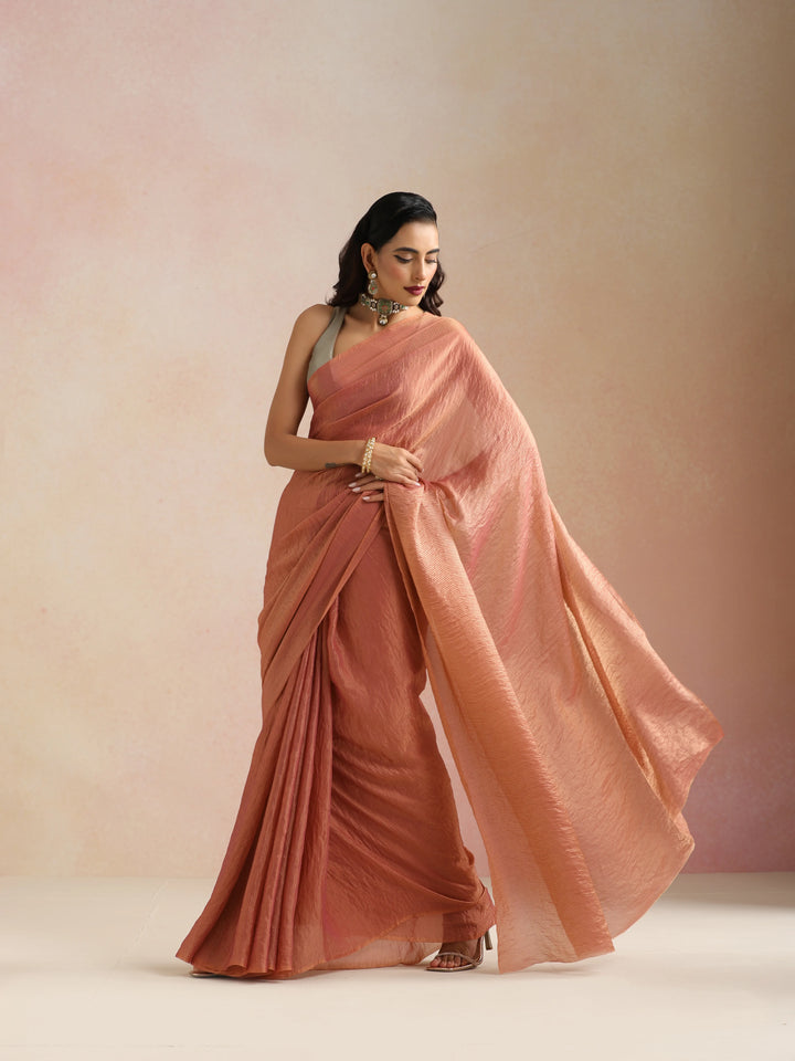 Peach Copper Tissue Saree With Unstitched Blouse | SHOBITAM