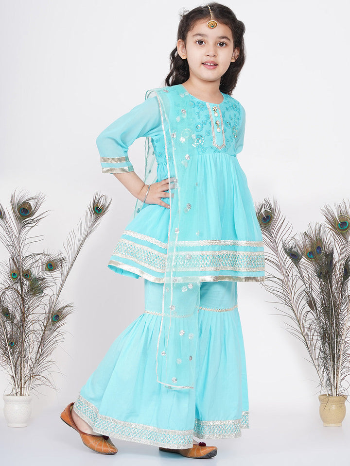 Girls Gotta Patti work Kurta frock with Sharara and Dupatta - Sky Blue | SHOBITAM