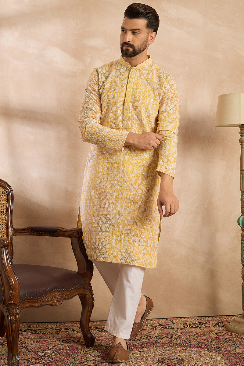 Yellow Viscose Rayon Printed Mandarin Collar Straight Kurta | SHOBITAM