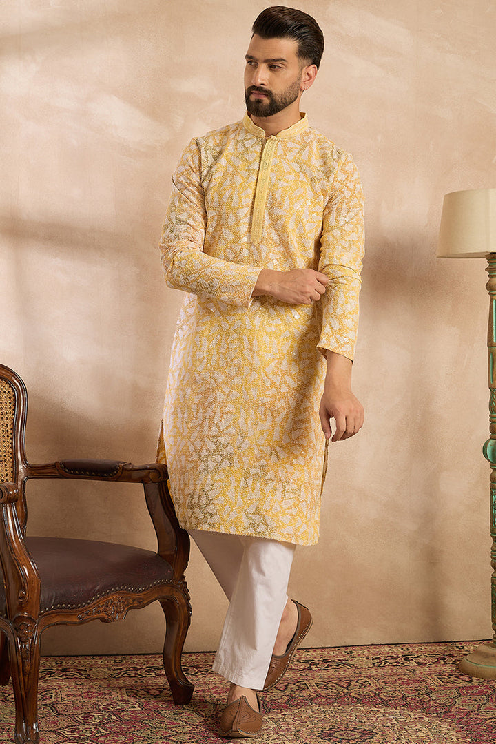 Yellow Viscose Rayon Printed Mandarin Collar Straight Kurta | SHOBITAM