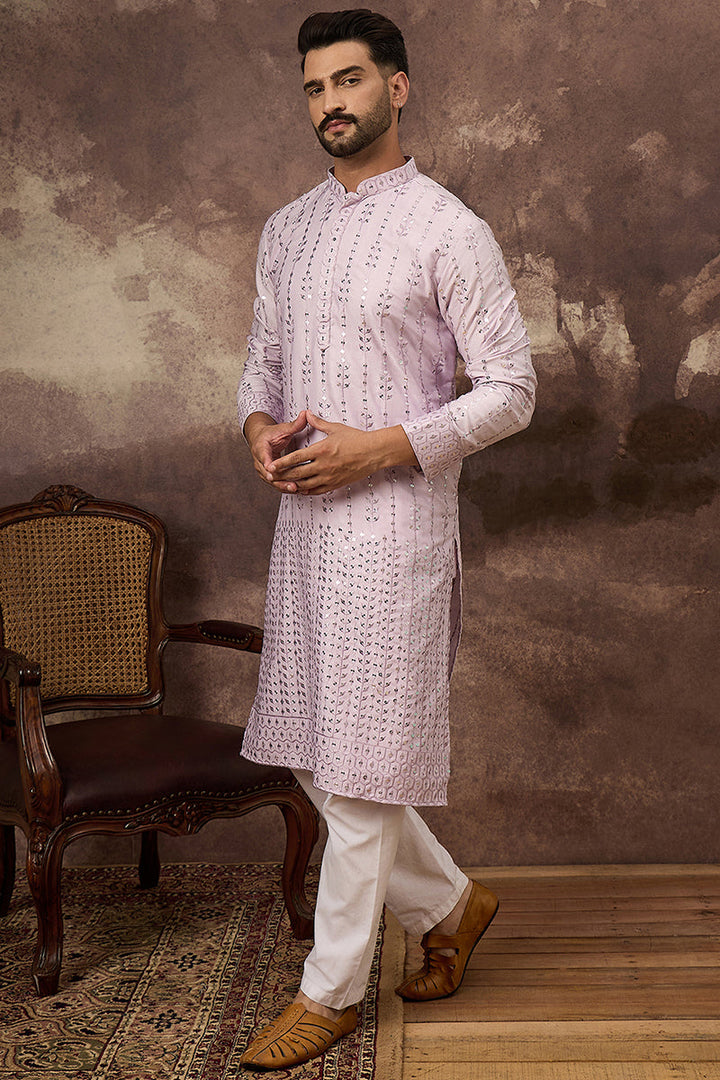 Lavender Silk Blend Solid Embroidered Straight Kurta With Pant Set | SHOBITAM