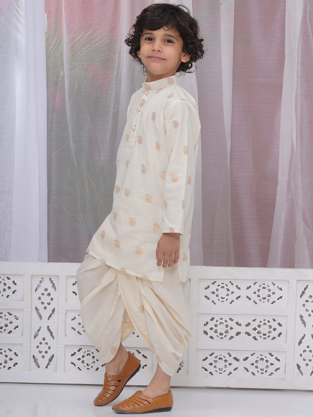 Boys Cotton Full Sleeves Kurta and Dhoti with Golden Paisley Zari Work- Cream | SHOBITAM