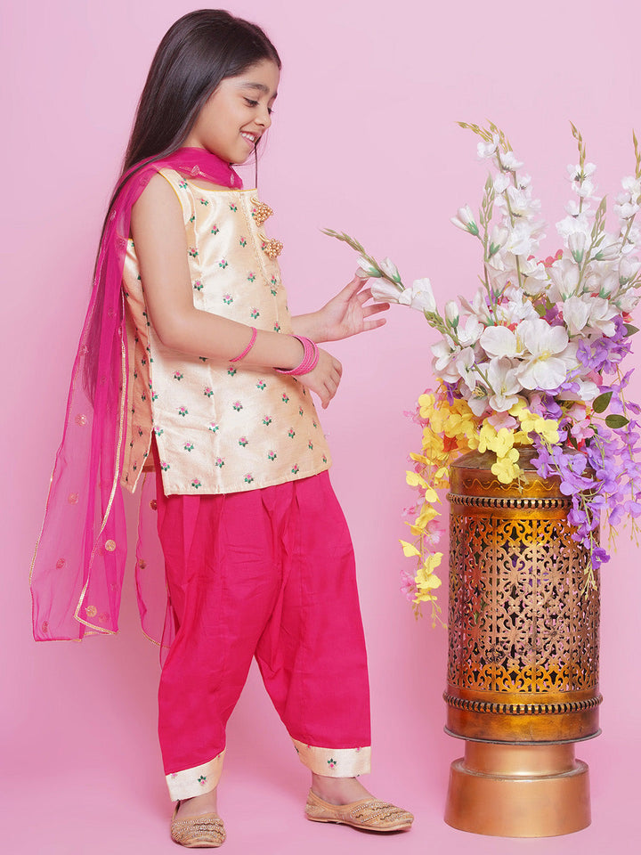 Mulberry  Semi-Silk Sleeveless Floral Choti Buti Embroidery Kurta with Salwar & Dupatta - Cream and Pink