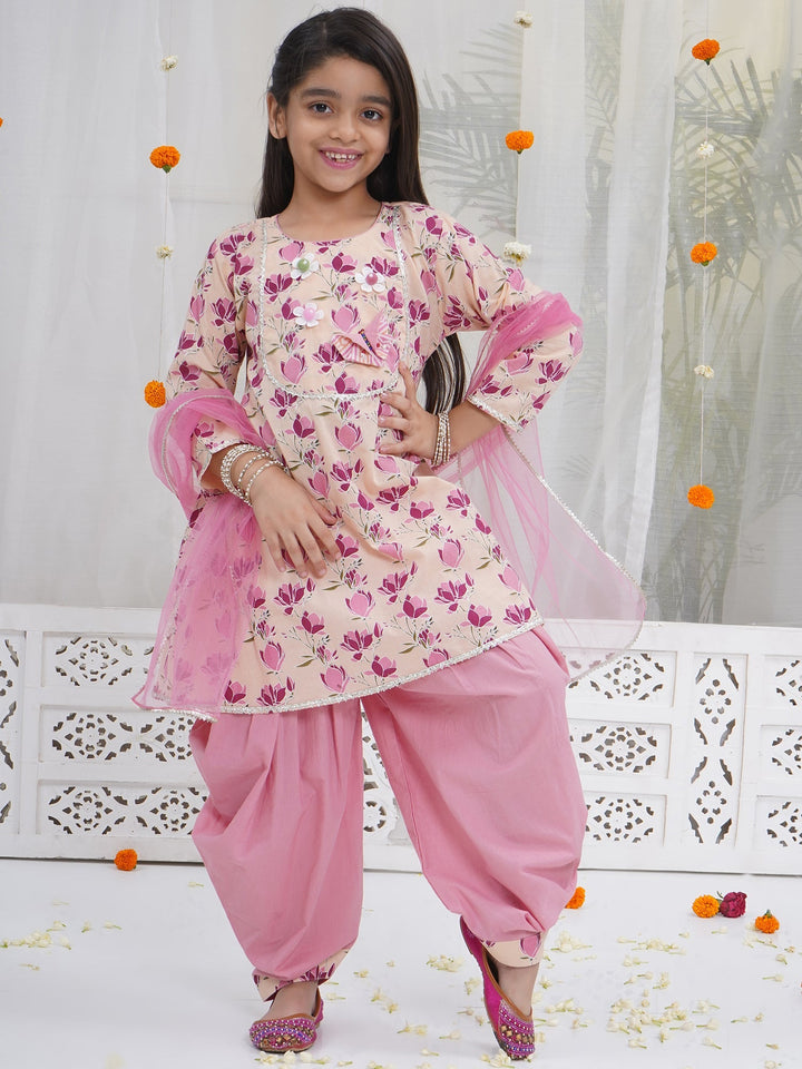Peach Lotus Print Cotton Kurta Salwar Set with Butterfly handwork and Dupatta | SHOBITAM