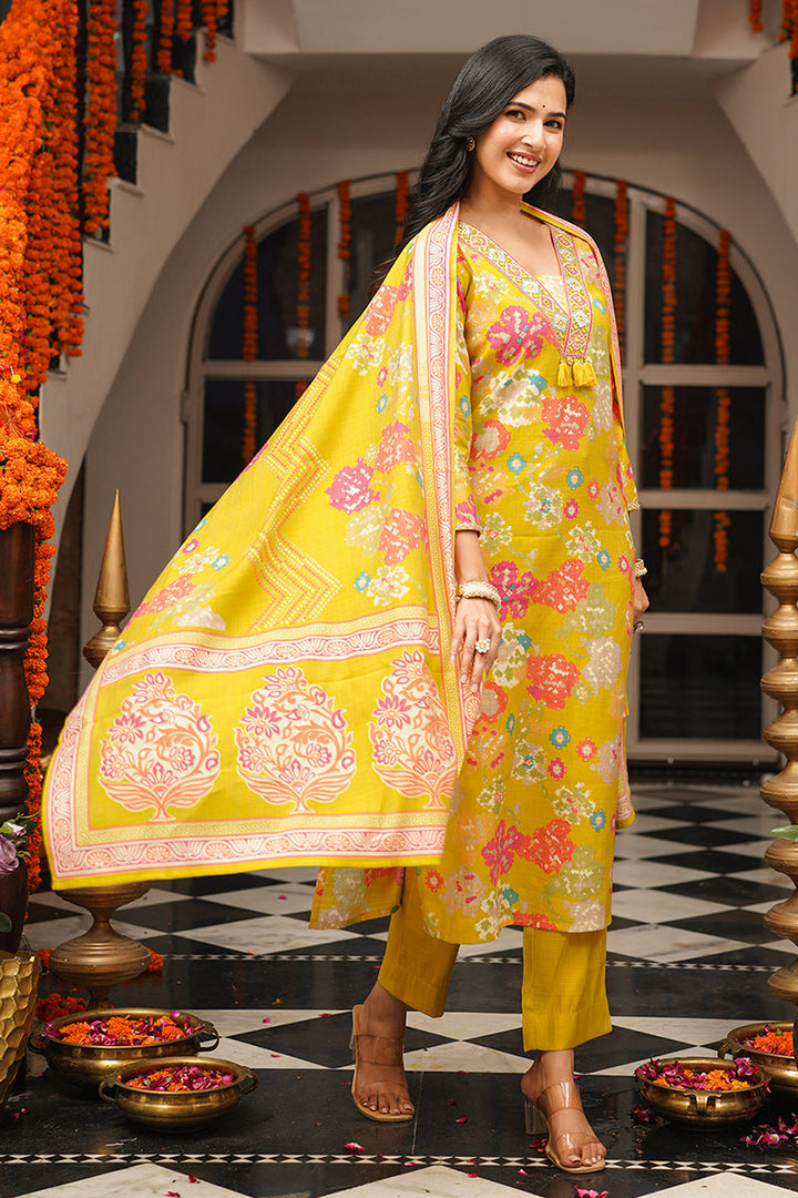 Yellow Viscose Rayon Geometric Embroidered Straight Kurta Trousers With Dupatta | SHOBITAM