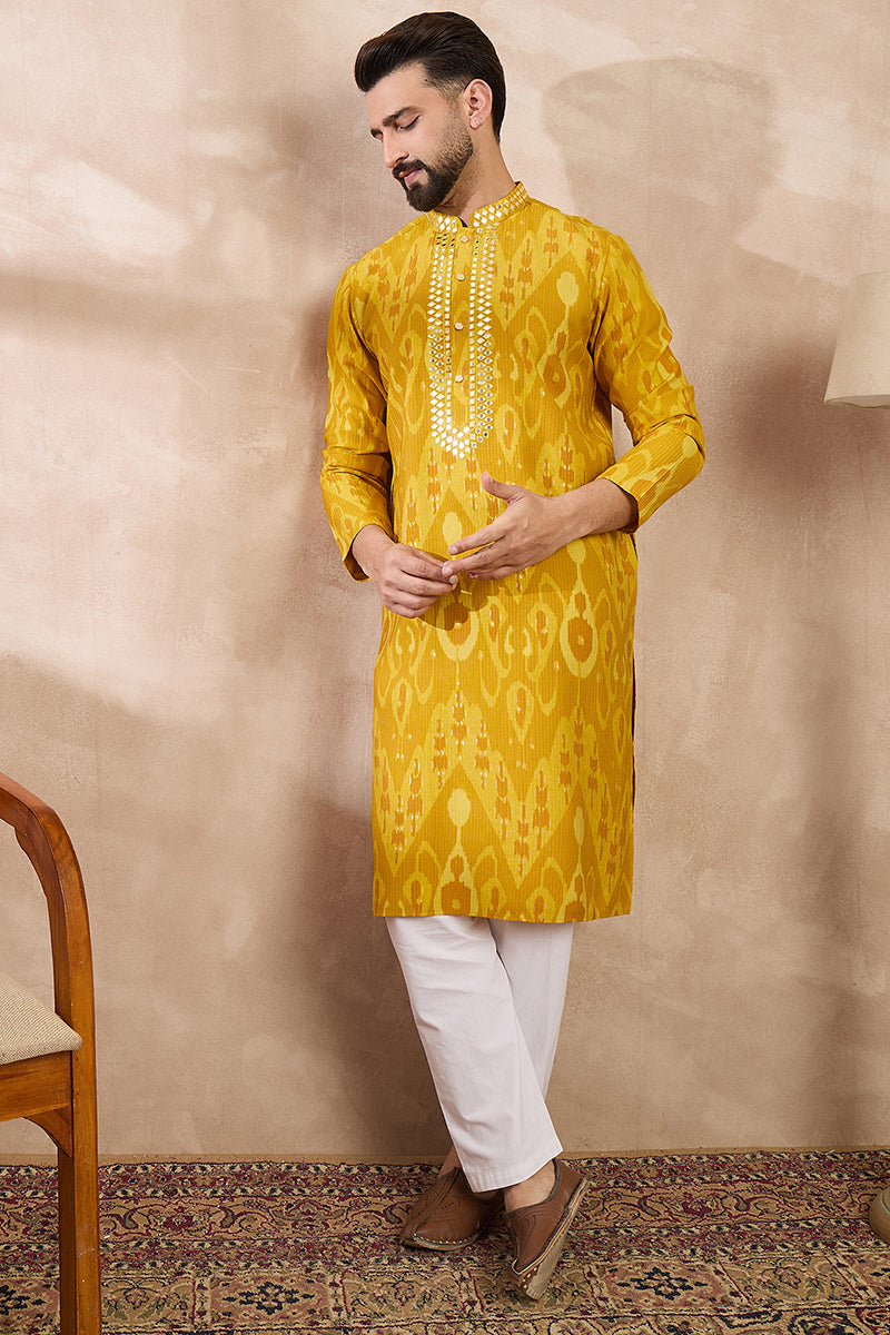 Yellow Viscose Rayon Chevron Printed Straight Kurta For Men | SHOBITAM