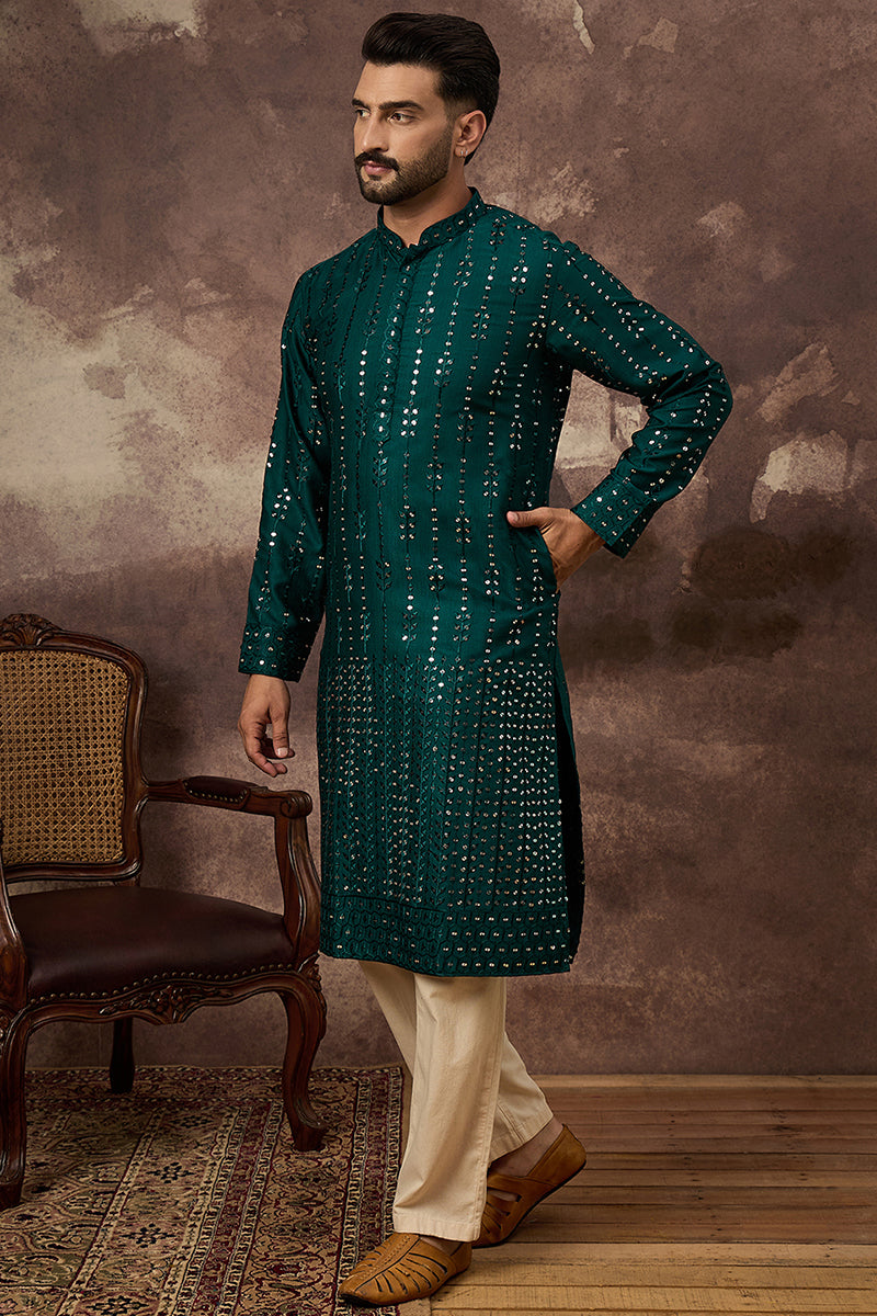 Teal Silk Blend Solid Embroidered Straight Kurta With Pant Set | SHOBITAM