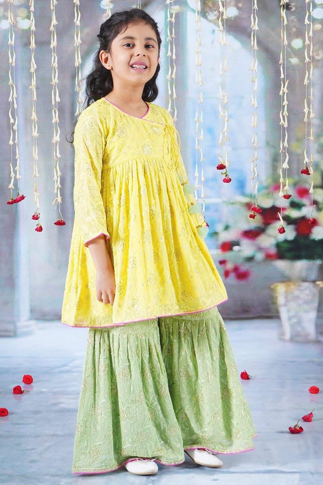 Girls Floral Embrodiery Angrakha Kurta with Sharara, Dupatta and Hand made Potli with Ghungroo work Tassel | SHOBITAM