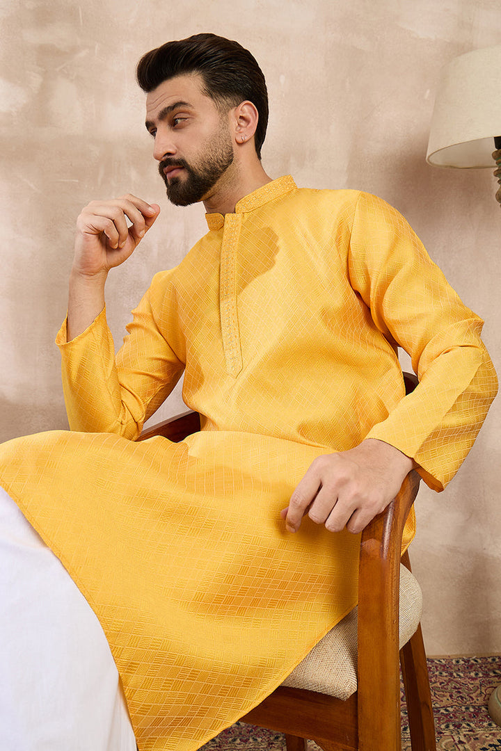 Yellow Silk Blend Solid Embroidered Straight Kurta With Trouser | SHOBITAM